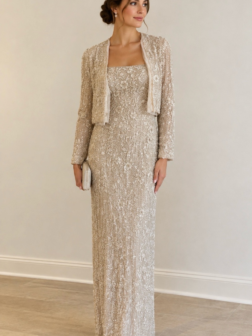 Montage Mon Chery Gold Beaded Evening Dress with Matching Jacket.Size 14 P